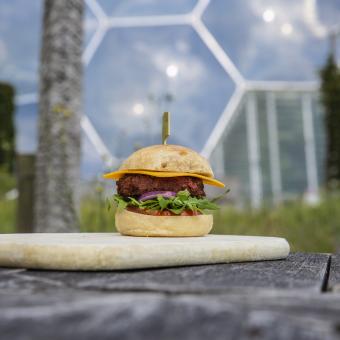 Vegan burger in front of Eden's Biomes